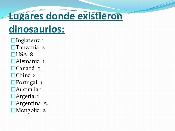 Lugares donde existieron dinosaurios: �Inglaterra: 1. �Tanzania: 2. �USA: 8. �Alemania: 1. �Canadá: 5.