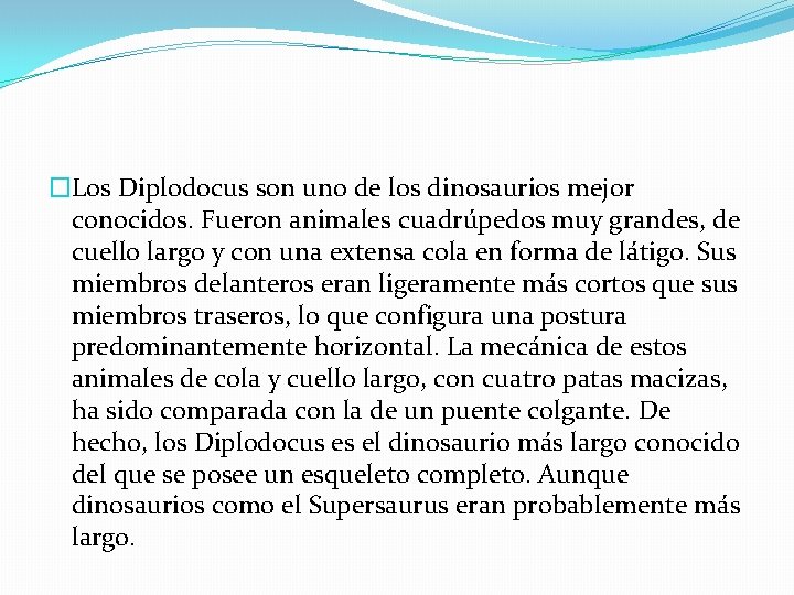 �Los Diplodocus son uno de los dinosaurios mejor conocidos. Fueron animales cuadrúpedos muy grandes,