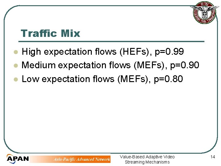 Traffic Mix l l l High expectation flows (HEFs), p=0. 99 Medium expectation flows