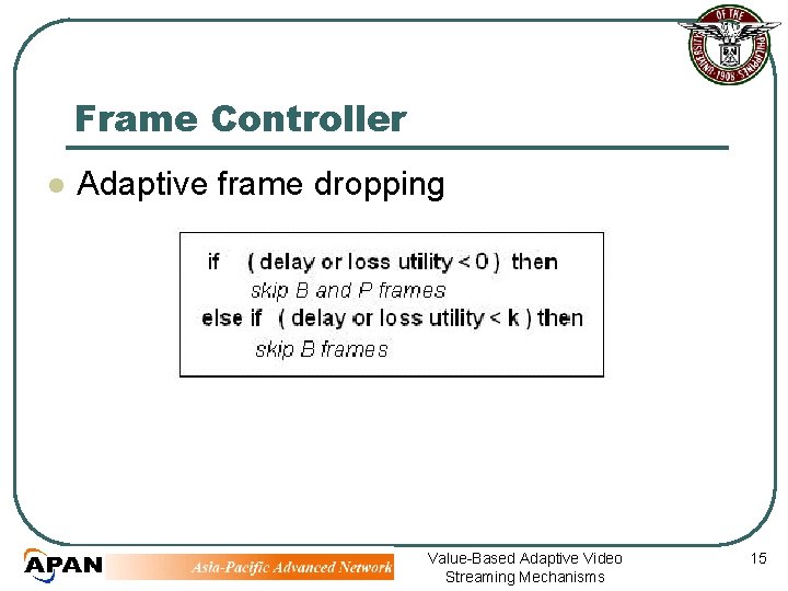Frame Controller l Adaptive frame dropping Value-Based Adaptive Video Streaming Mechanisms 15 