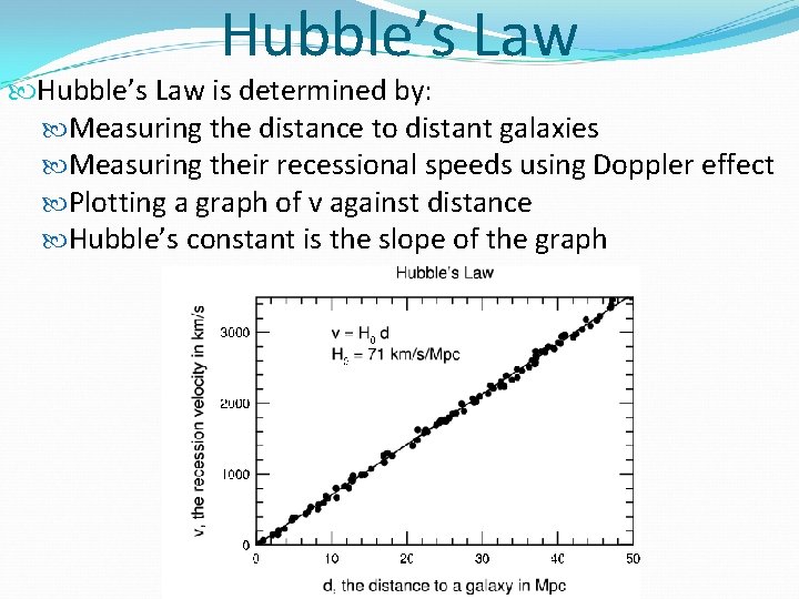 Hubble’s Law is determined by: Measuring the distance to distant galaxies Measuring their recessional