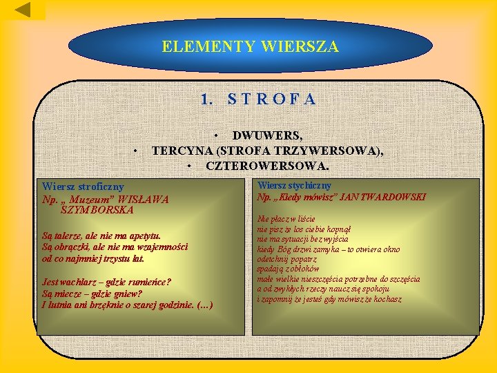 ELEMENTY WIERSZA 1. S T R O F A • • DWUWERS, TERCYNA (STROFA