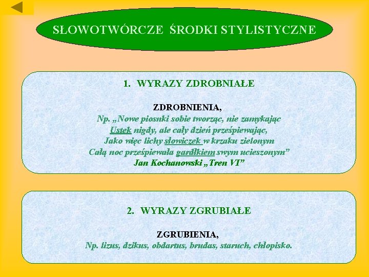 SŁOWOTWÓRCZE ŚRODKI STYLISTYCZNE 1. WYRAZY ZDROBNIAŁE ZDROBNIENIA, Np. „Nowe piosnki sobie tworząc, nie zamykając