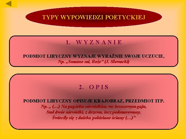 TYPY WYPOWIEDZI POETYCKIEJ 1. W Y Z N A N I E PODMIOT LIRYCZNY