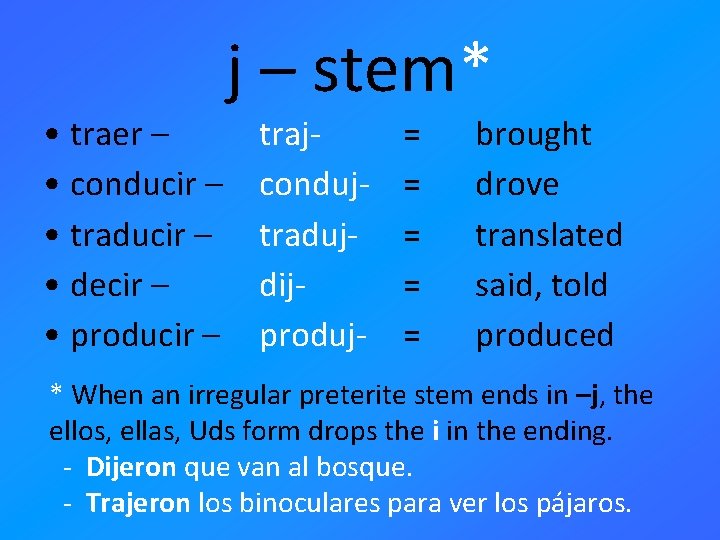 j – stem* • traer – • conducir – • traducir – • decir