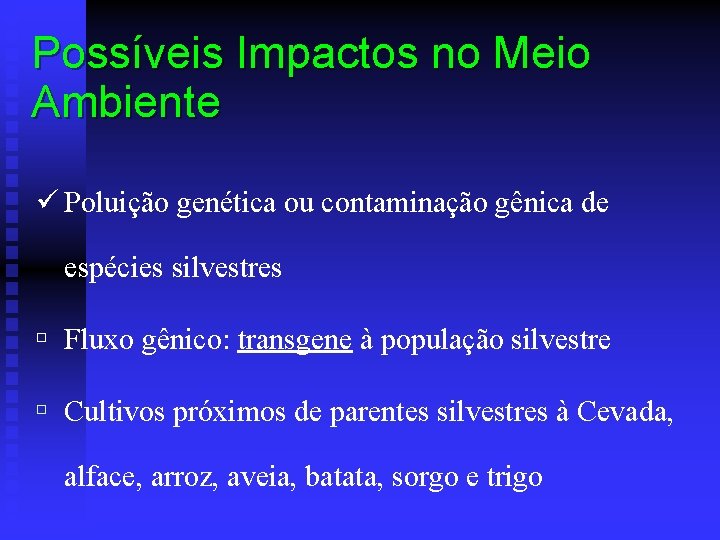 Possíveis Impactos no Meio Ambiente ü Poluição genética ou contaminação gênica de espécies silvestres