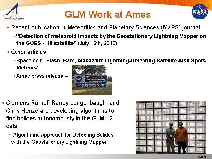 GLM Work at Ames • Recent publication in Meteoritics and Planetary Sciences (Ma. PS)