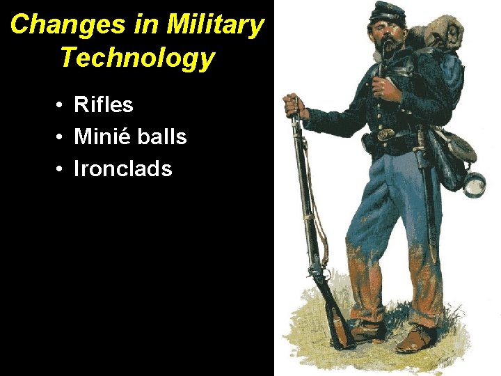 Changes in Military Technology • Rifles • Minié balls • Ironclads Changes in Military Technology • Rifles • Minié balls • Ironclads