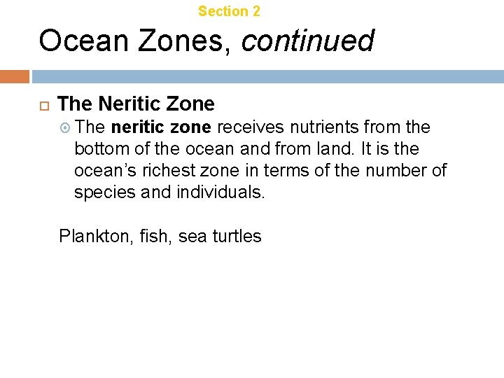 Chapter 21 Section 2 Aquatic Ecosystems Ocean Zones, continued The Neritic Zone The neritic