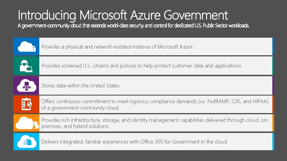 Provides a physical and network-isolated instance of Microsoft Azure. Provides screened U. S. citizens