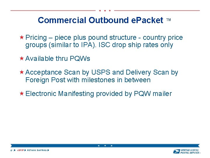 Commercial Outbound e. Packet ™ Pricing – piece plus pound structure - country price