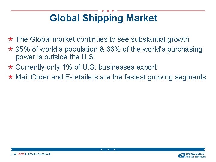 Global Shipping Market The Global market continues to see substantial growth 95% of world’s