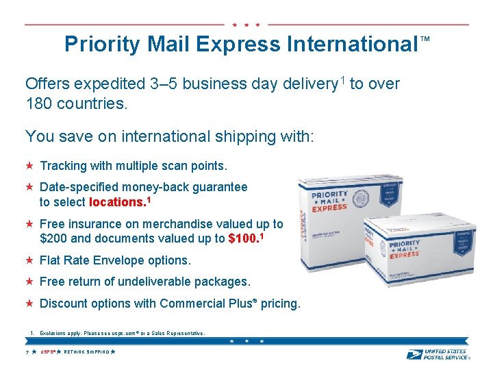 Priority Mail Express International™ Offers expedited 3– 5 business day delivery 1 to over