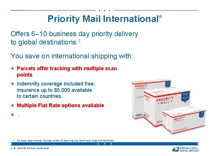 Priority Mail International® Offers 6– 10 business day priority delivery to global destinations. 1