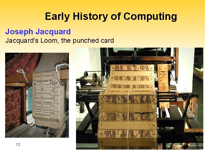 Early History of Computing Joseph Jacquard’s Loom, the punched card 12 6 