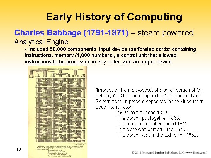 Early History of Computing Charles Babbage (1791 -1871) – steam powered Analytical Engine •