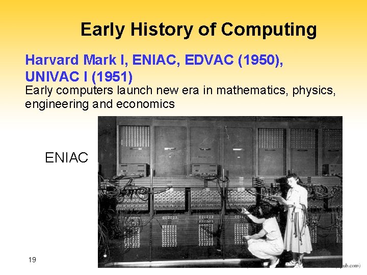 Early History of Computing Harvard Mark I, ENIAC, EDVAC (1950), UNIVAC I (1951) Early