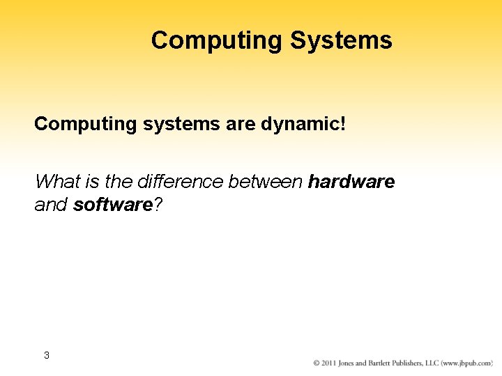 Computing Systems Computing systems are dynamic! What is the difference between hardware and software?