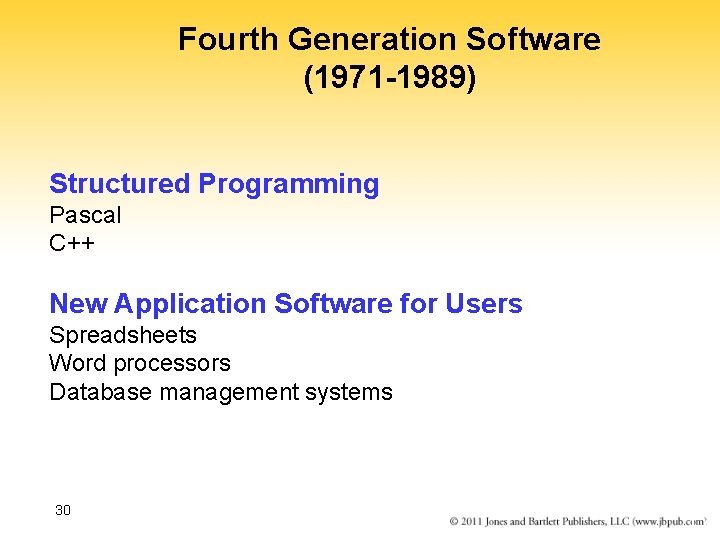 Fourth Generation Software (1971 -1989) Structured Programming Pascal C++ New Application Software for Users