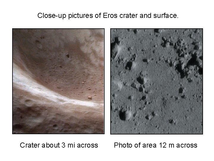 Close-up pictures of Eros crater and surface. Crater about 3 mi across Photo of