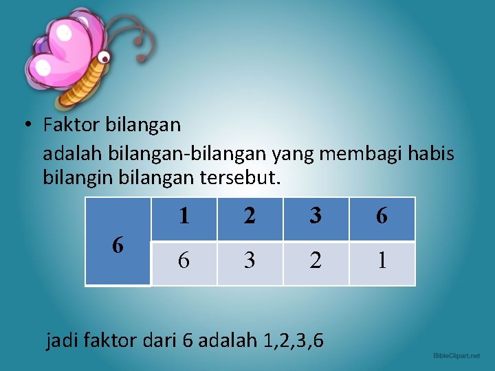  • Faktor bilangan adalah bilangan-bilangan yang membagi habis bilangin bilangan tersebut. 6 1