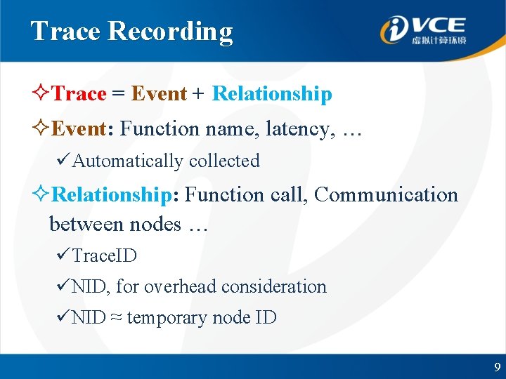 Trace Recording ²Trace = Event + Relationship ²Event: Function name, latency, … üAutomatically collected