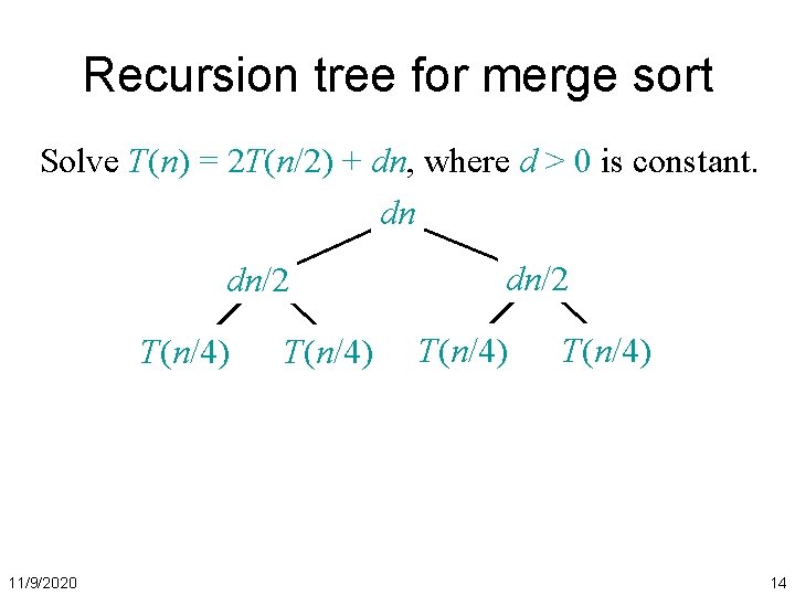 Recursion tree for merge sort Solve T(n) = 2 T(n/2) + dn, where d
