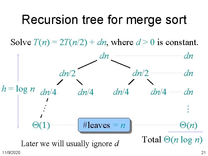 Recursion tree for merge sort Solve T(n) = 2 T(n/2) + dn, where d