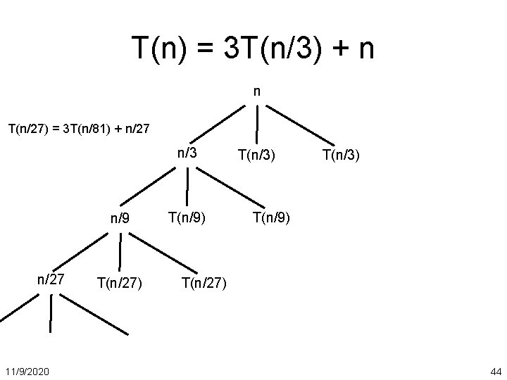 T(n) = 3 T(n/3) + n n T(n/27) = 3 T(n/81) + n/27 n/3