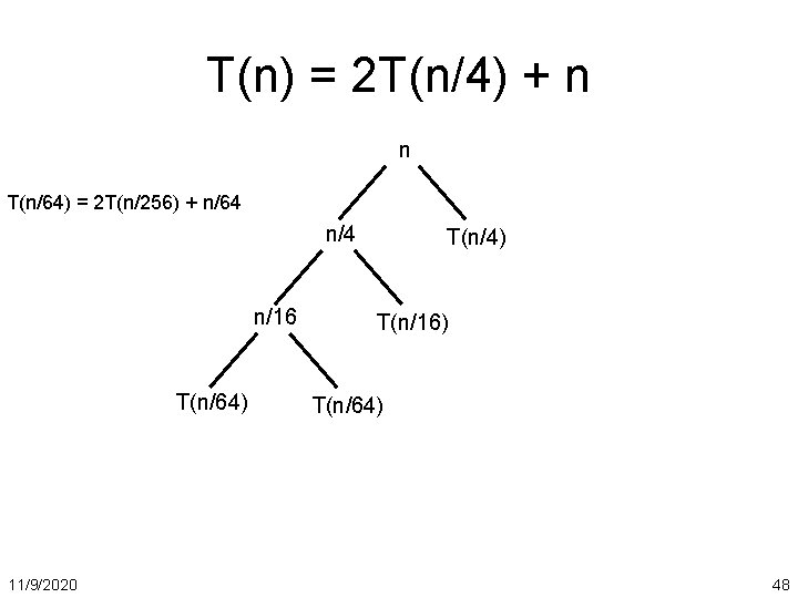 T(n) = 2 T(n/4) + n n T(n/64) = 2 T(n/256) + n/64 n/16