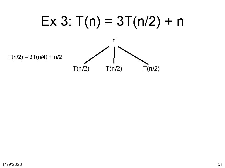 Ex 3: T(n) = 3 T(n/2) + n n T(n/2) = 3 T(n/4) +