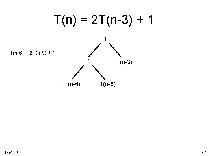T(n) = 2 T(n-3) + 1 1 T(n-6) = 2 T(n-9) + 1 1