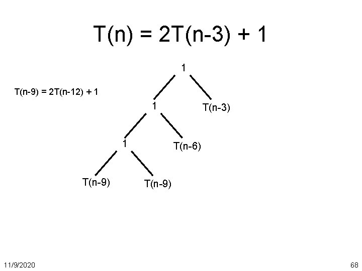 T(n) = 2 T(n-3) + 1 1 T(n-9) = 2 T(n-12) + 1 1