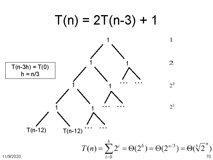 T(n) = 2 T(n-3) + 1 1 1 T(n-3 h) = T(0) h =