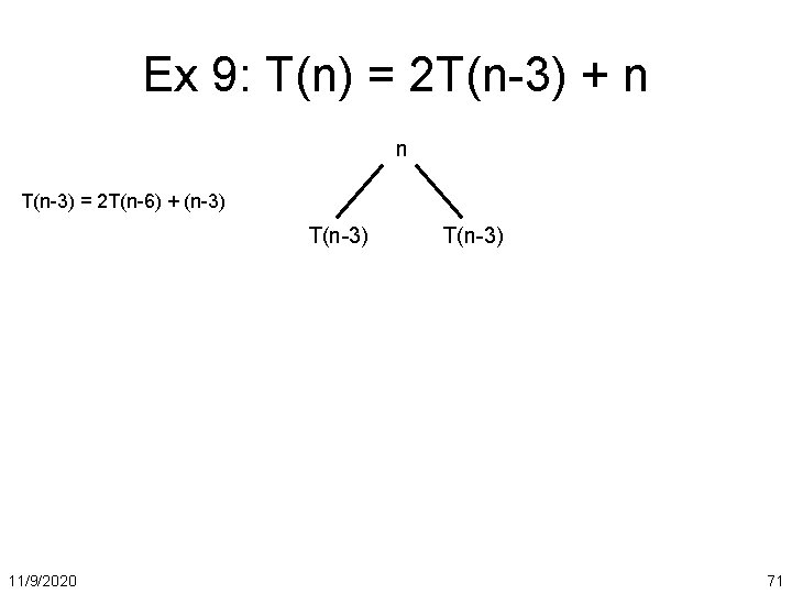 Ex 9: T(n) = 2 T(n-3) + n n T(n-3) = 2 T(n-6) +