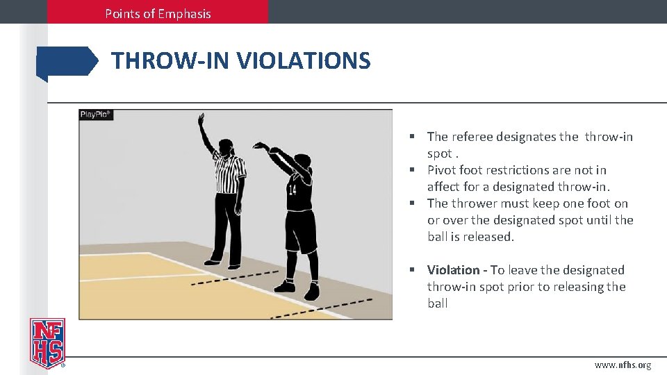 Points of Emphasis THROW-IN VIOLATIONS § The referee designates the throw-in spot. § Pivot