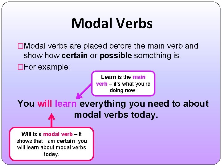 Modal Verbs �Modal verbs are placed before the main verb and show certain or