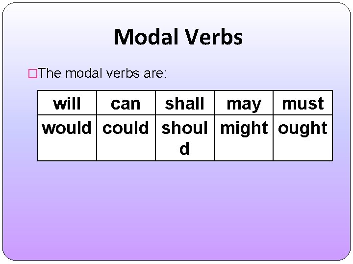 Modal Verbs �The modal verbs are: will can shall may must would could shoul