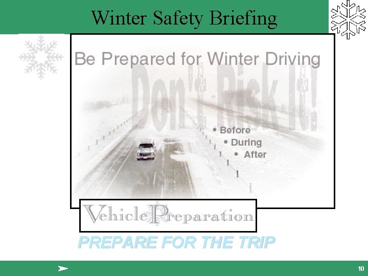 Winter Safety Briefing PREPARE FOR THE TRIP 10 