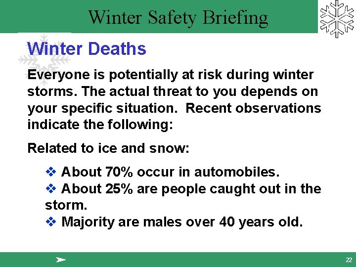 Winter Safety Briefing Winter Deaths Everyone is potentially at risk during winter storms. The