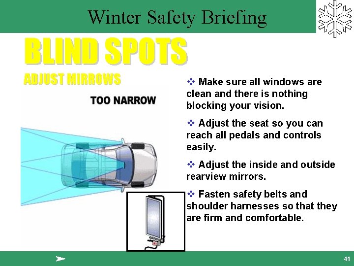 Winter Safety Briefing BLIND SPOTS ADJUST MIRROWS v Make sure all windows are clean