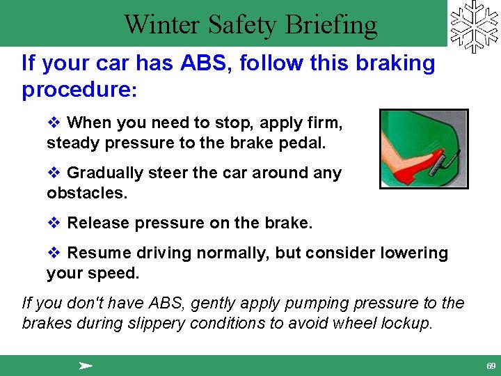 Winter Safety Briefing If your car has ABS, follow this braking procedure: v When