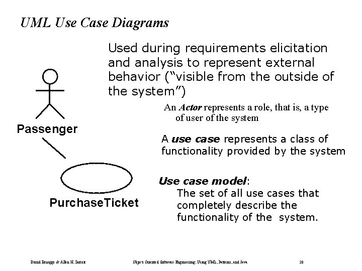 UML Use Case Diagrams Used during requirements elicitation and analysis to represent external behavior