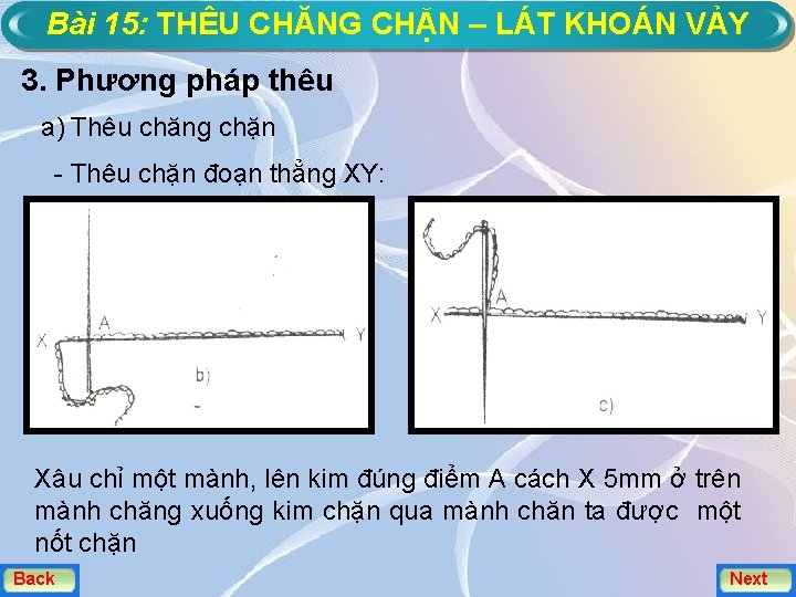 Bài 15: THÊU CHĂNG CHẶN – LÁT KHOÁN VẢY 3. Phương pháp thêu a)
