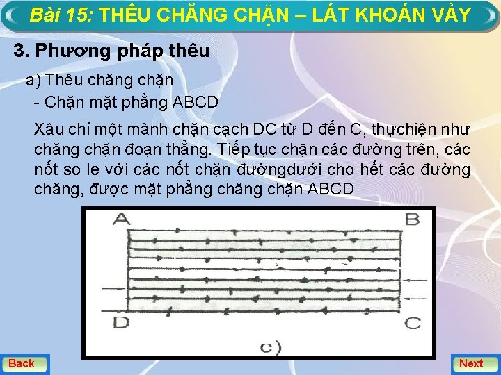 Bài 15: THÊU CHĂNG CHẶN – LÁT KHOÁN VẢY 3. Phương pháp thêu a)