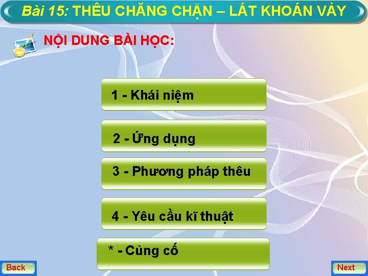 Bài 15: THÊU CHĂNG CHẶN – LÁT KHOÁN VẢY NỘI DUNG BÀI HỌC: 1
