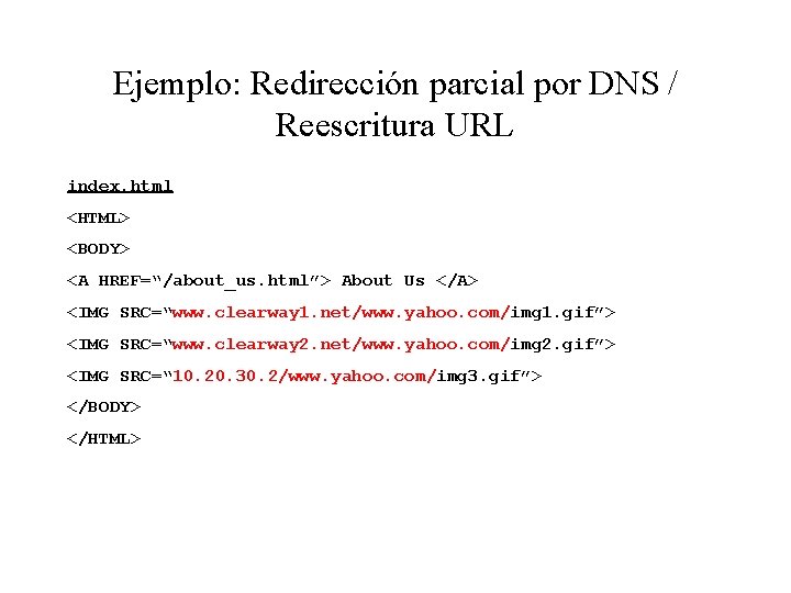 Ejemplo: Redirección parcial por DNS / Reescritura URL index. html <HTML> <BODY> <A HREF=“/about_us.