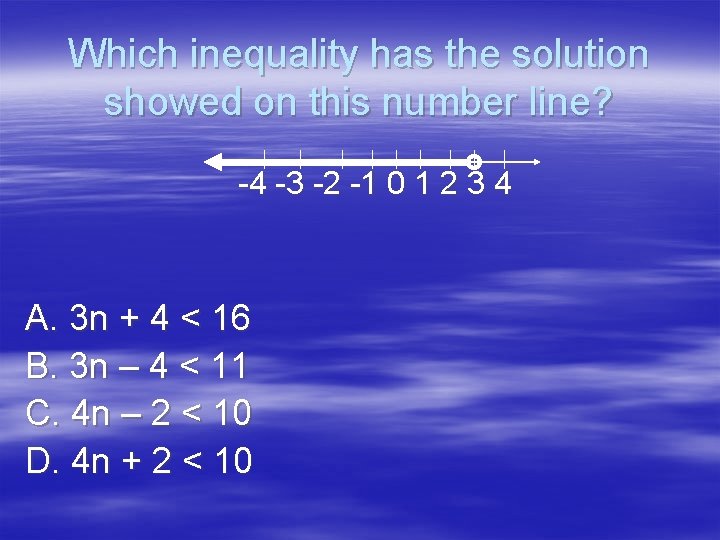 Which inequality has the solution showed on this number line? -4 -3 -2 -1