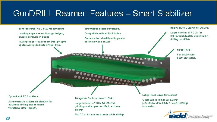 Gun. DRILL Reamer: Features – Smart Stabilizer Bi-directional PDC cutting structure: 180 degree blade