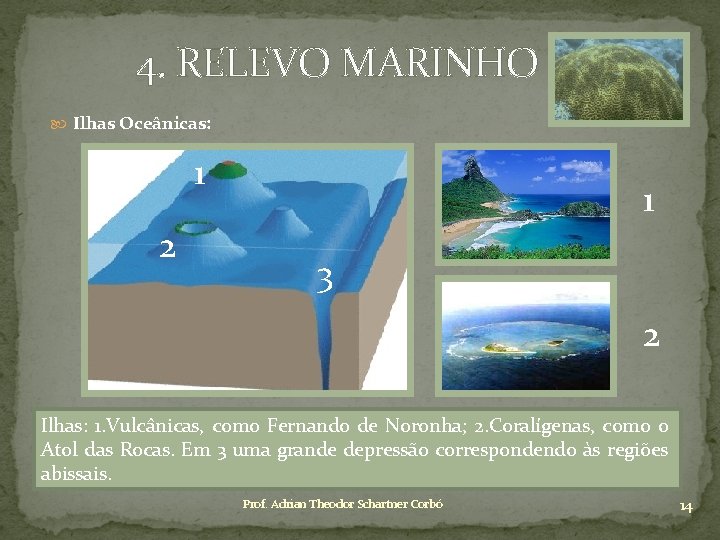 4. RELEVO MARINHO Ilhas Oceânicas: 1 2 1 3 2 Ilhas: 1. Vulcânicas, como